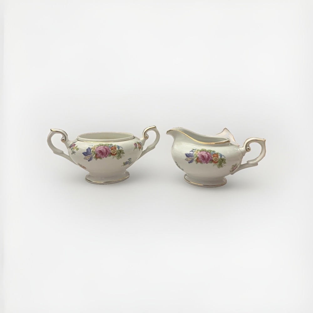 Royal Embassy Monte Carlo Porcelain Floral Creamer & Sugar White Gold Trim